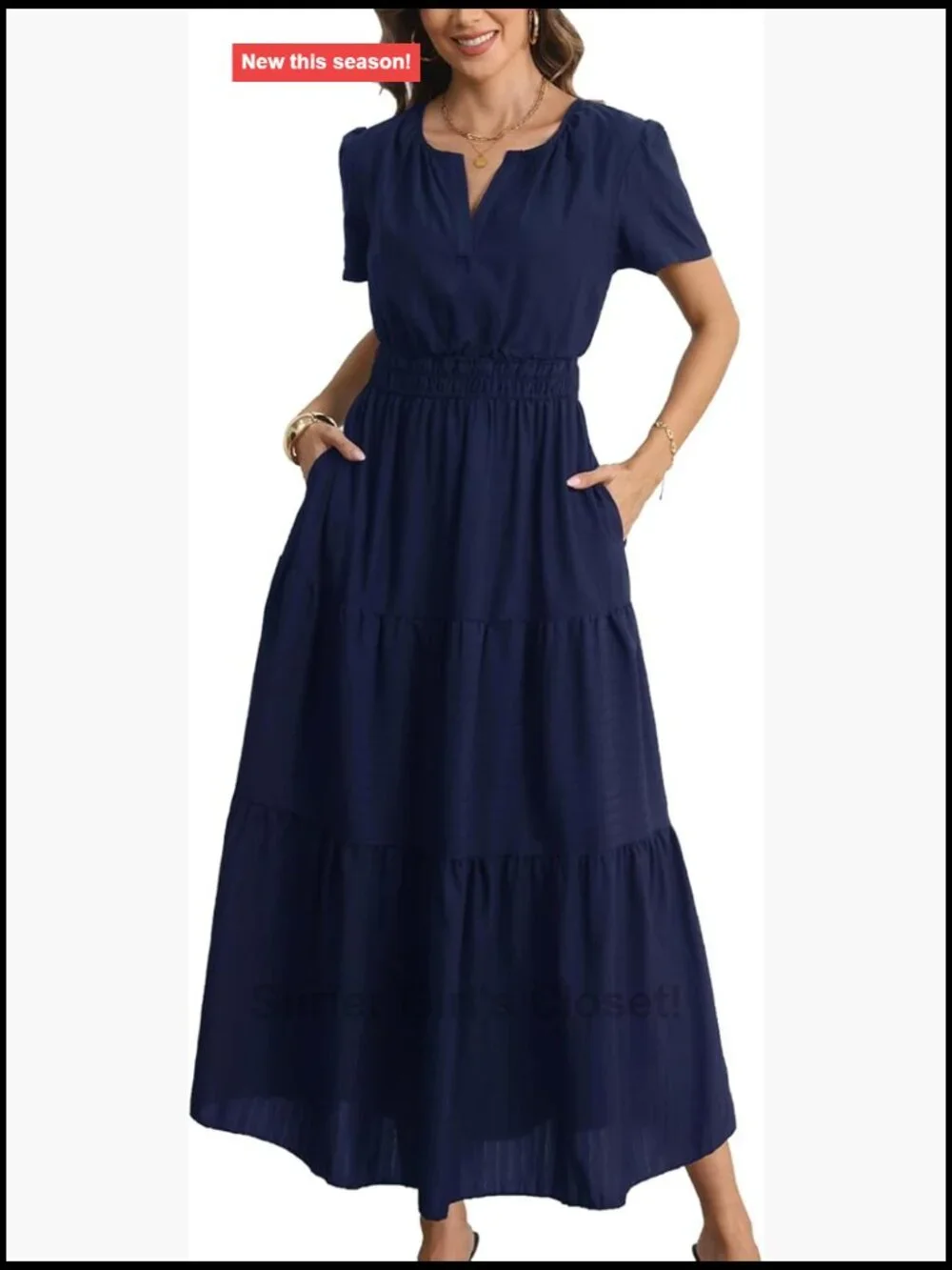 Casual Maxi Dress with Pockets Short Sleeve V-Neck Fit & Flare - Picture 1 of 7